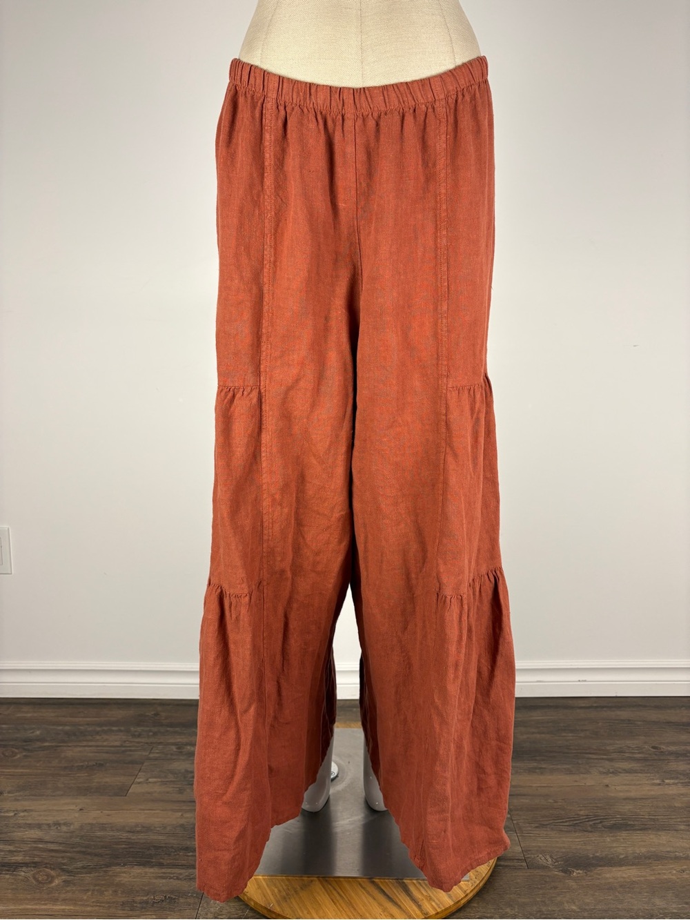 Match Point 100% Linen Tiered Wide Leg Cha Cha Pants Rust Terracotta S